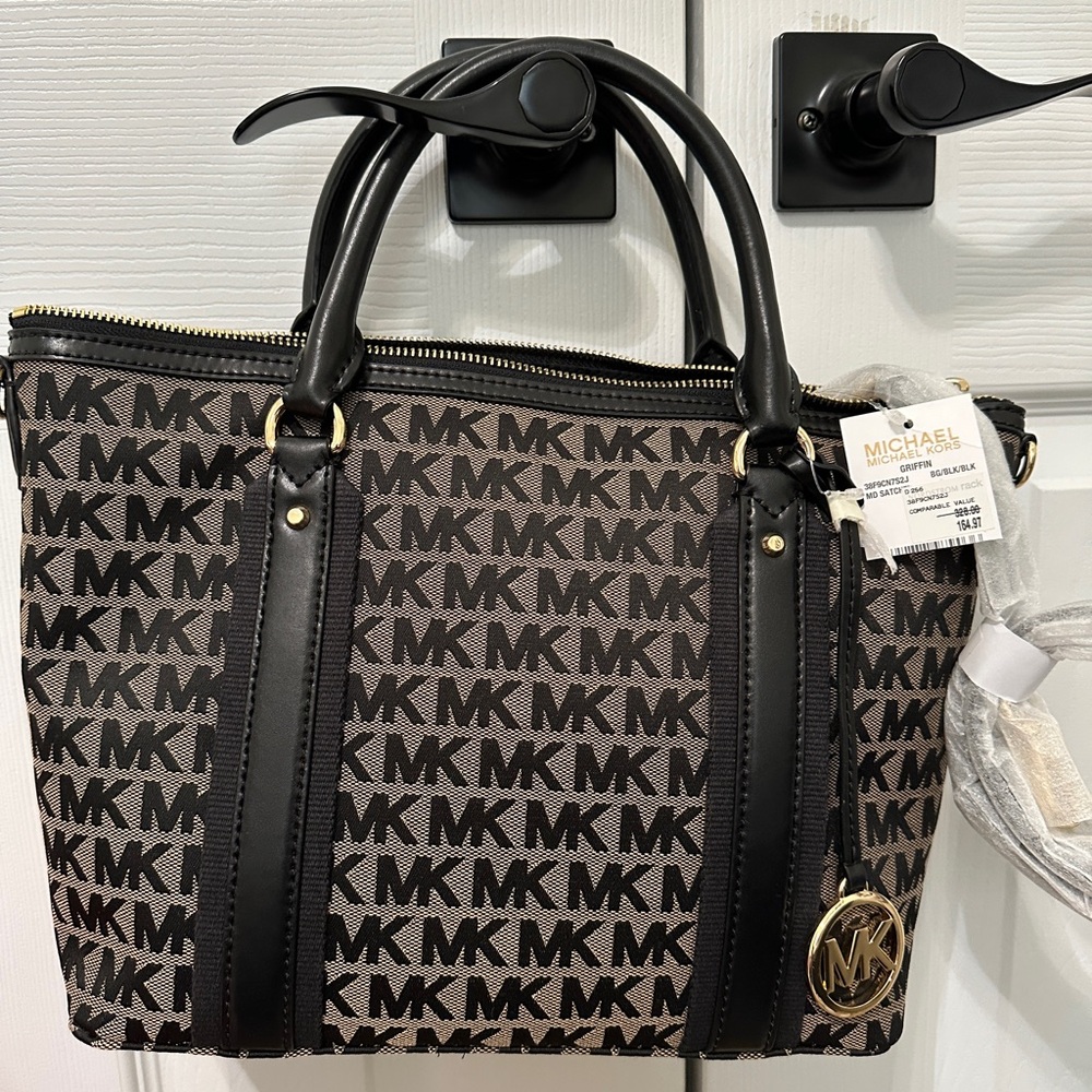 Michael Kors Griffin Black and Beige Satchel Bag
